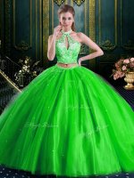 Halter Top Floor Length Lace Up Quince Ball Gowns for Military Ball and Sweet 16 and Quinceanera with Beading and Lace and Appliques
