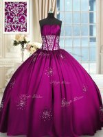 Fantastic Fuchsia Ball Gowns Strapless Sleeveless Taffeta Floor Length Lace Up Beading and Appliques and Ruching Vestidos de Quinceanera(SKU PSSW0339-4BIZ)