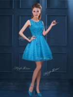 High Class Baby Blue Tulle Zipper Scoop Sleeveless Knee Length Vestidos de Damas Lace and Ruffled Layers