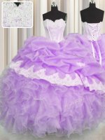 Fantastic Sweetheart Sleeveless Quinceanera Dress Floor Length Beading and Appliques and Ruffles and Pick Ups Lilac Organza