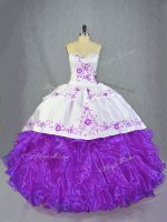 Sweetheart Sleeveless Quince Ball Gowns Brush Train Beading and Ruffles Purple Organza