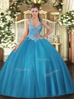 On Sale Floor Length Teal 15th Birthday Dress Straps Sleeveless Lace Up