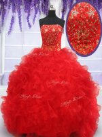 Stylish Red Lace Up Vestidos de Quinceanera Beading and Embroidery and Ruffles Sleeveless Floor Length