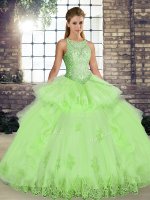 Yellow Green Tulle Lace Up Quinceanera Gowns Sleeveless Floor Length Lace and Embroidery and Ruffles(SKU SJQDDT2118002-4BIZ)