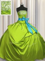 Eye-catching Sleeveless Floor Length Beading and Ruching and Bowknot Lace Up Quince Ball Gowns with Olive Green