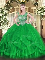 Floor Length Green Ball Gown Prom Dress Tulle Sleeveless Beading and Ruffles