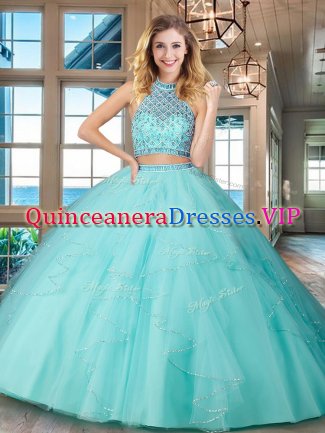 Beautiful Aqua Blue Two Pieces Tulle Halter Top Sleeveless Beading and Ruffles Floor Length Backless Quinceanera Dress