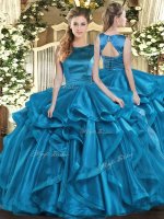 Attractive Teal Organza Lace Up Quinceanera Gowns Sleeveless Floor Length Ruffles(SKU SJQDDT1582002BIZ)
