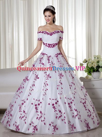 White Organza Lace Up Off The Shoulder Short Sleeves Floor Length Quinceanera Gown Embroidery - Click Image to Close