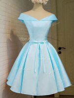 Off The Shoulder Cap Sleeves Damas Dress Knee Length Belt Aqua Blue Taffeta