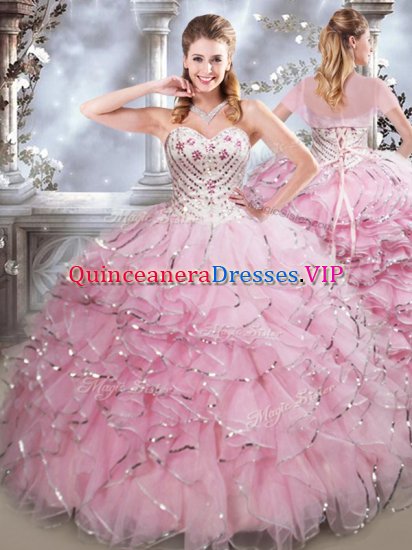 Sleeveless Floor Length Beading and Ruffles Lace Up Quinceanera Gown with Baby Pink - Click Image to Close
