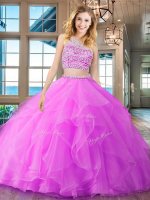 Affordable Fuchsia Quinceanera Gown Military Ball and Sweet 16 and Quinceanera with Beading and Ruffles Scoop Sleeveless Brush Train Backless(SKU SXQD043-2BIZ)