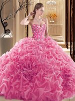 Rose Pink Lace Up Sweetheart Embroidery and Ruffles and Pick Ups Vestidos de Quinceanera Fabric With Rolling Flowers Sleeveless(SKU SJQDDT931002-1BIZ)