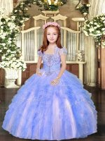 Blue And White Ball Gowns Tulle Straps Sleeveless Beading and Ruffles Floor Length Lace Up Pageant Dress Womens