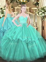 Beading and Lace and Ruffled Layers Quinceanera Dresses Aqua Blue Zipper Sleeveless Brush Train