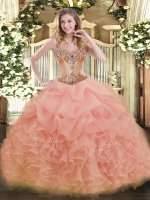 Peach Organza Lace Up Sweetheart Sleeveless Floor Length Sweet 16 Quinceanera Dress Beading and Ruffles and Pick Ups