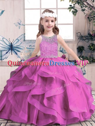 Lilac Sleeveless Floor Length Beading Lace Up Pageant Gowns For Girls
