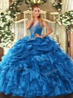 Ball Gowns Sweet 16 Dresses Blue Straps Organza Sleeveless Floor Length Lace Up