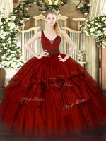 Sleeveless Organza Floor Length Zipper Ball Gown Prom Dress in Wine Red with Beading and Ruffled Layers