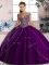 Cap Sleeves Tulle Brush Train Lace Up Sweet 16 Dresses in Purple with Beading