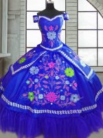 Hot Selling Blue Short Sleeves Beading and Embroidery Floor Length 15th Birthday Dress