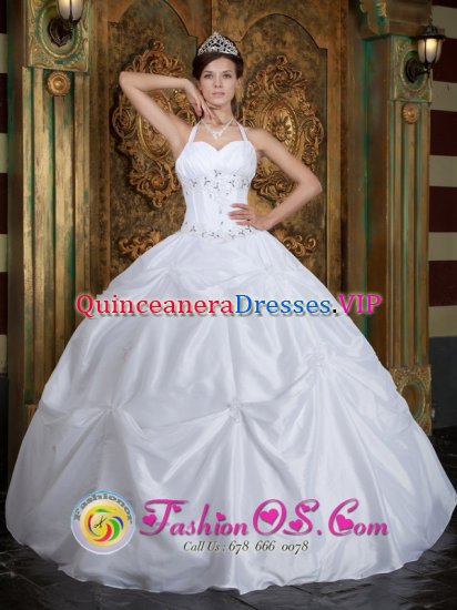 White Sweet 16 Dress With Halter Taffeta Beading Ball Gown In Esperanza Dominican Republic - Click Image to Close