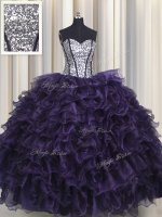 Deluxe Visible Boning Floor Length Lace Up 15th Birthday Dress Purple for Military Ball and Sweet 16 and Quinceanera with Ruffles and Sequins(SKU PSSW0466-1BIZ)
