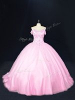 Beading 15th Birthday Dress Baby Pink Lace Up Sleeveless Court Train