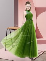 Popular Halter Top Sleeveless Lace Up Dama Dress for Quinceanera Olive Green Tulle