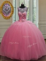 Scoop Rose Pink Ball Gowns Beading Quinceanera Gown Lace Up Tulle Sleeveless Floor Length(SKU PSSW075-4BIZ)