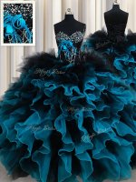 Beading and Ruffles and Hand Made Flower Military Ball Gowns Black and Blue Lace Up Sleeveless Floor Length