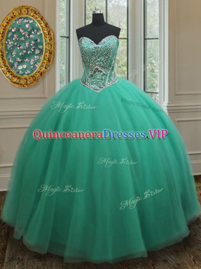 Dazzling Tulle Sweetheart Sleeveless Zipper Beading Sweet 16 Dresses in Turquoise - Click Image to Close