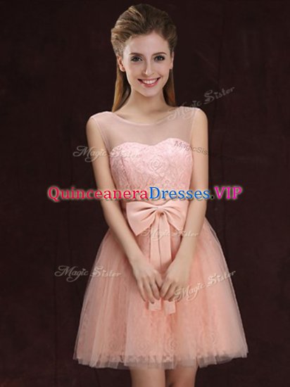 Deluxe Scoop Sleeveless Tulle and Lace Mini Length Lace Up Vestidos de Damas in Peach with Lace and Bowknot - Click Image to Close