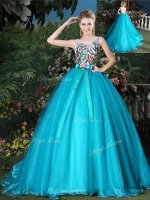 Scoop Sleeveless Quinceanera Gown Brush Train Appliques and Belt Teal Organza