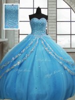 Baby Blue Ball Gowns Beading and Appliques and Sequins Quinceanera Dresses Lace Up Tulle Sleeveless Floor Length