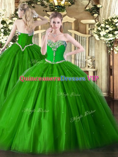 Green Tulle Lace Up Quinceanera Dress Sleeveless Floor Length Beading - Click Image to Close