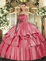 Beautiful Sleeveless Organza Floor Length Lace Up Vestidos de Quinceanera in Coral Red with Ruffled Layers(SKU SJQDDT1590002-1BIZ)