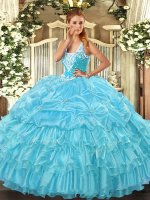 Captivating Aqua Blue Straps Neckline Beading and Ruffled Layers and Pick Ups Quinceanera Dresses Sleeveless Lace Up