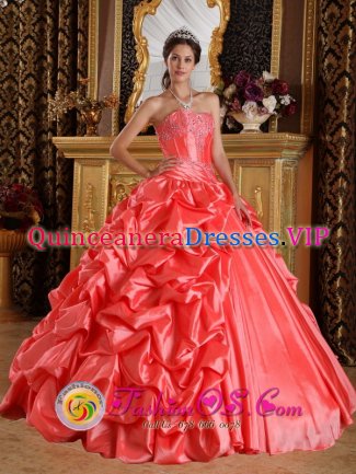 Bluffton South Carolina S/C Stylish Orange Red Emboridery and Beading Sweet 16 Dress With Sweetheart Strapless Taffeta