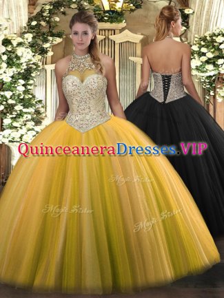 Sumptuous Ball Gowns Sweet 16 Dresses Gold Halter Top Tulle Sleeveless Floor Length Lace Up