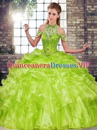 Olive Green Sleeveless Organza Lace Up Quinceanera Dresses for Military Ball and Sweet 16 and Quinceanera