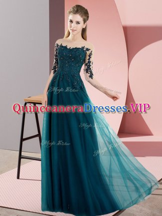 Noble Peacock Green Bateau Neckline Beading and Lace Damas Dress Half Sleeves Lace Up