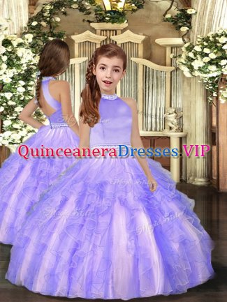 Lavender Backless Kids Formal Wear Beading and Ruffles Sleeveless Floor Length