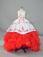 Straps Sleeveless Satin and Organza Little Girl Pageant Gowns Beading and Embroidery and Ruffles Sweep Train Lace Up