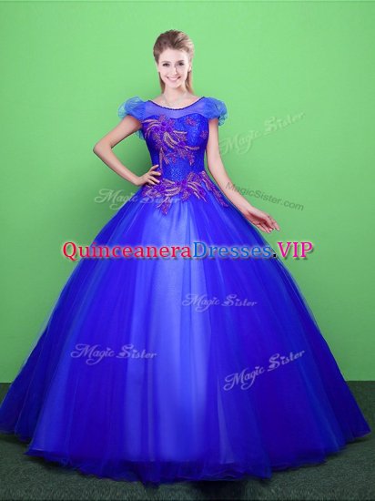 Blue Scoop Lace Up Appliques Quinceanera Gowns Short Sleeves - Click Image to Close
