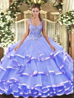 Straps Sleeveless Quinceanera Dress Floor Length Beading and Ruffled Layers Lavender Organza