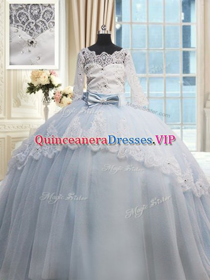 Light Blue 15th Birthday Dress Military Ball and Sweet 16 and Quinceanera with Beading and Lace and Bowknot Scalloped Half Sleeves Brush Train Lace Up - Click Image to Close