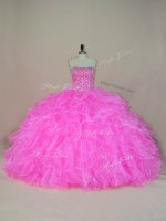 Fine Pink Organza Lace Up Strapless Sleeveless Floor Length Sweet 16 Dresses Beading and Ruffles(SKU PSSW0755BIZ)
