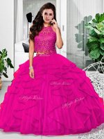 Inexpensive Fuchsia Tulle Zipper Quinceanera Gown Sleeveless Floor Length Lace and Ruffles