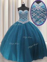 Tulle Sweetheart Sleeveless Lace Up Beading and Sequins Sweet 16 Quinceanera Dress in Teal